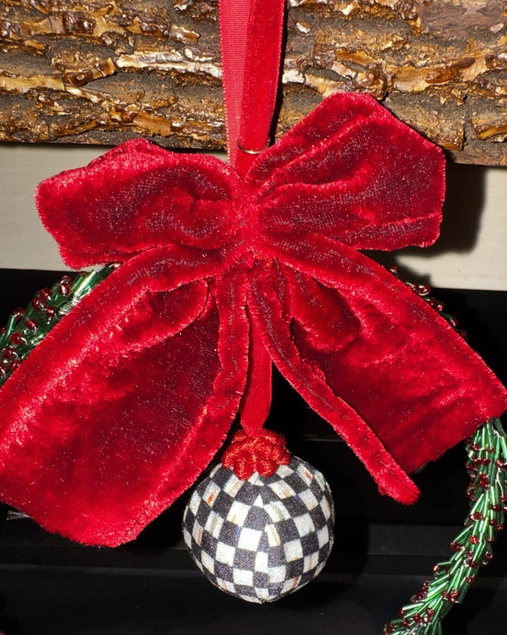 MacKenzie Childs Circular Wreath With Courtly Check Ornament 8” Red Bow- New