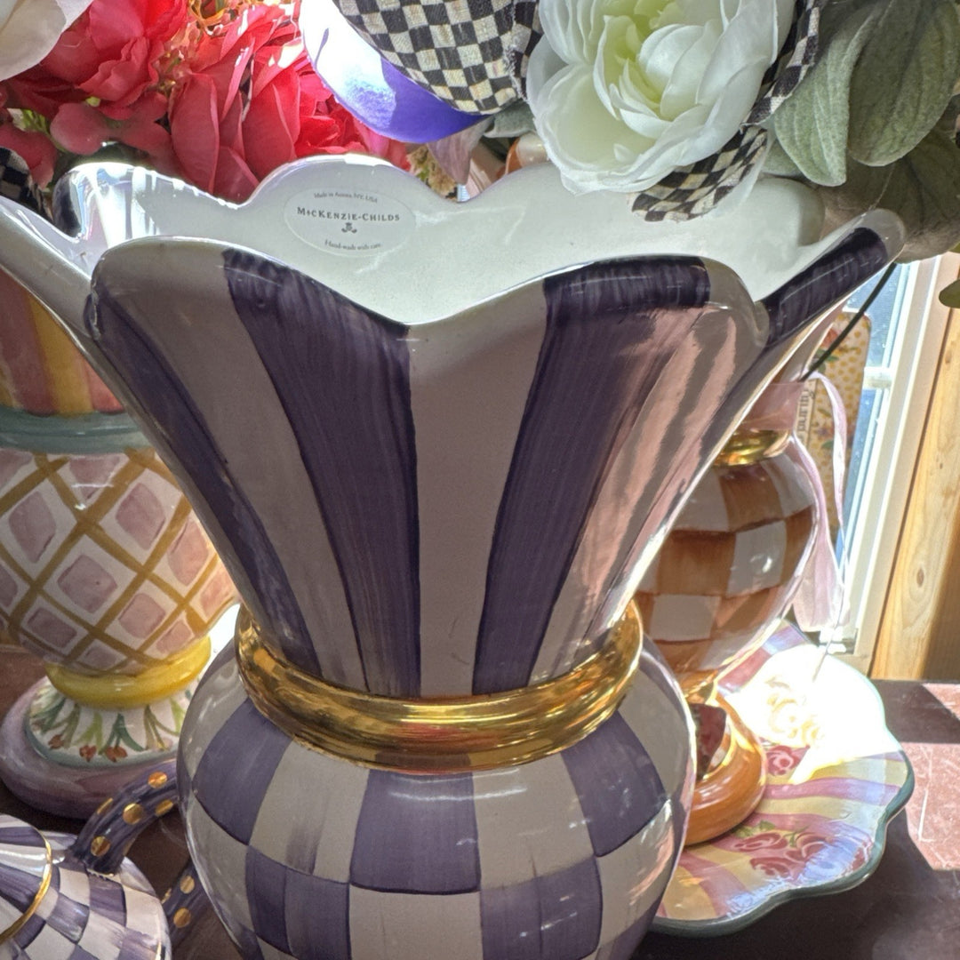 Mackenzie Childs Ceramic Violet Plum Purple Gold  Check Great Vase- NWT 2024