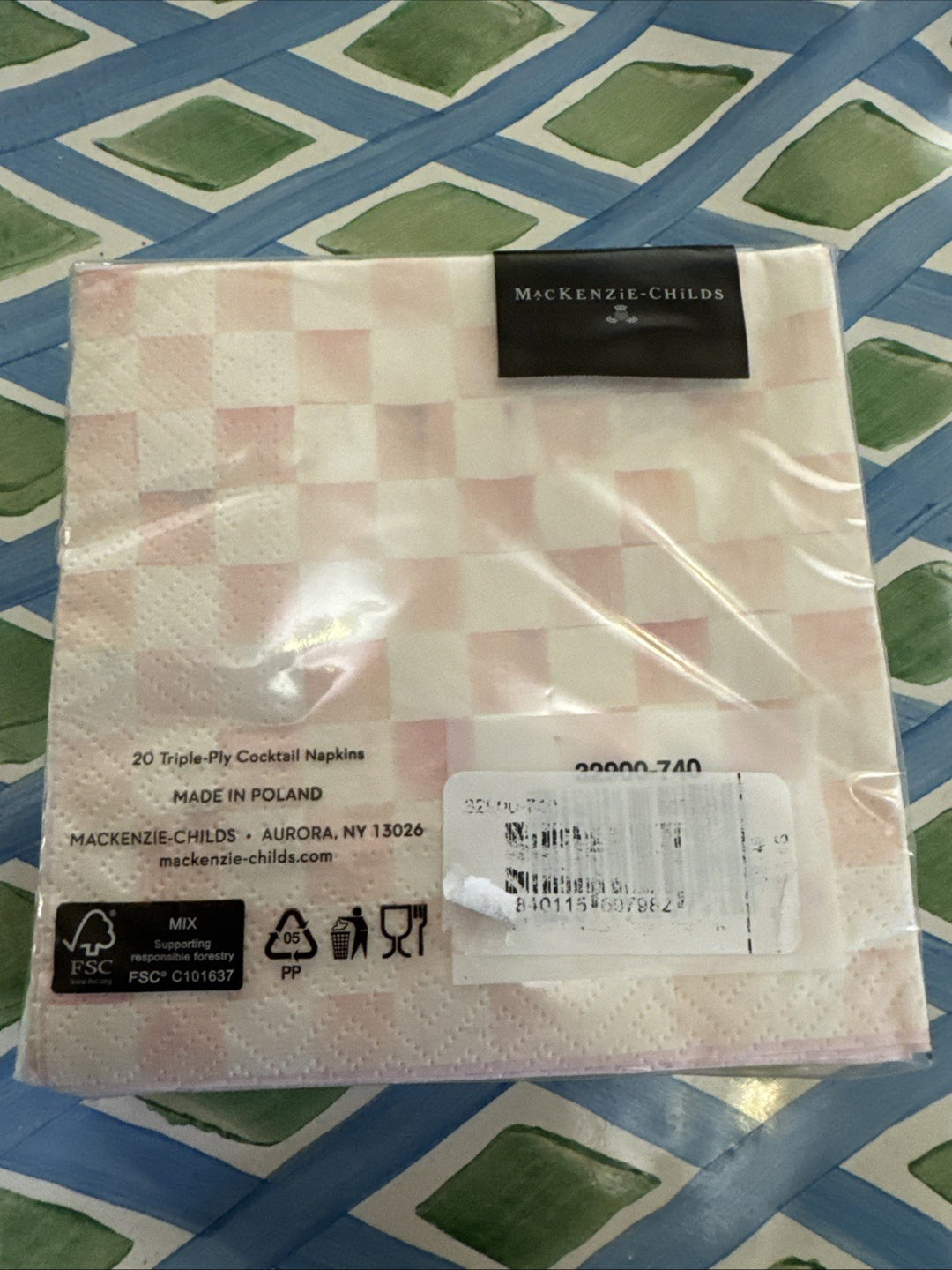 Mackenzie Childs Rosy Check Paper Cocktail Napkins 20 pack, NEW