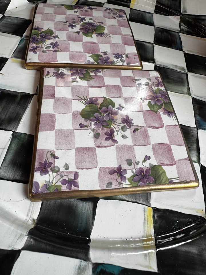 Mackenzie Childs 4” Pink Rose Set Of 2 Honeymoon -Tiles