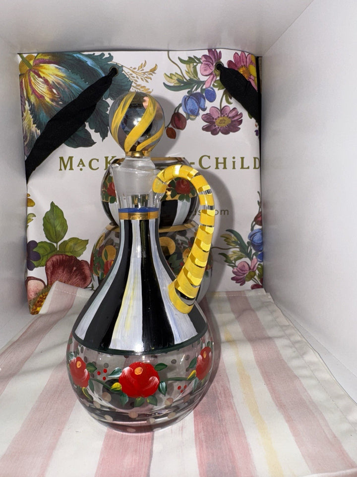 Mackenzie Childs Oil Or Vinegar Cruet Yellow Top Red Flowers Circus Design 7.25”