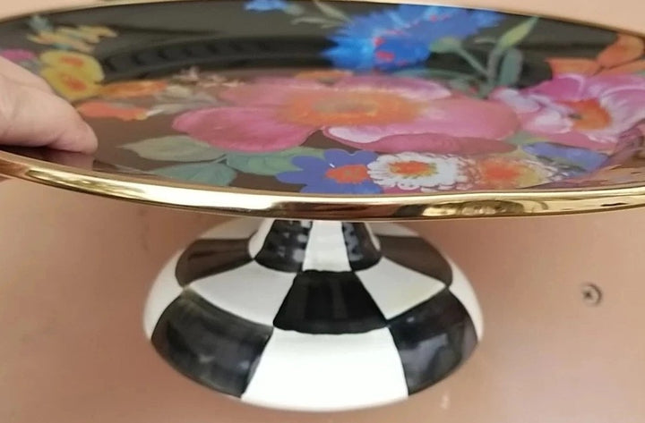 MACKENZIE-CHILDS Black Flower Market & Courtly Enamel Pedestal Platter Small 12”