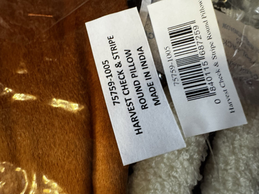 Mackenzie Childs Harvest  Check And Stripe Round Pumpkin Pillow- New In Bag