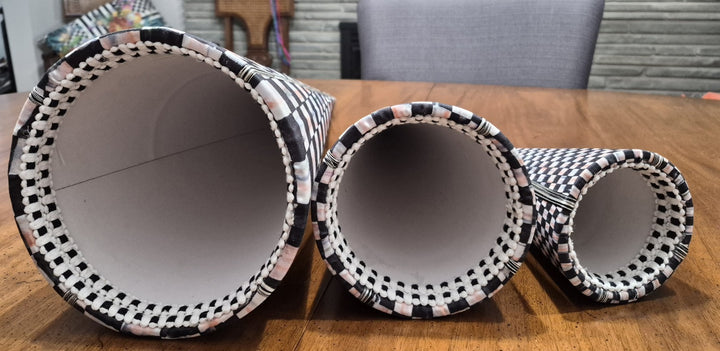 Mackenzie Childs Courtly Check Cone Trees Fabric Set Of 3 Stackable Retired