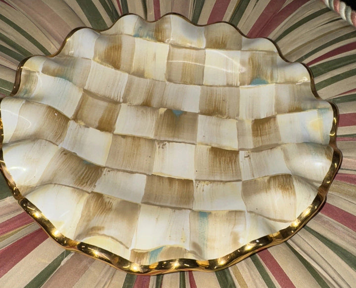 9” Mackenzie Childs   PARCHMENT CHECK CERAMIC FLUTED Gold Trim DESSERT PLATE- 1
