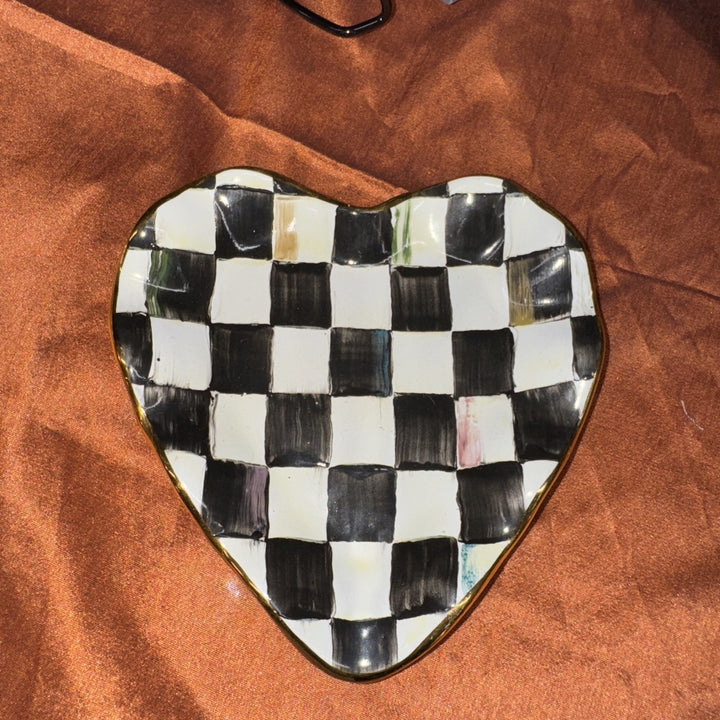New Mackenzie Childs Courtly Check Fluted Ceramic Heart Plate- Gold Trim