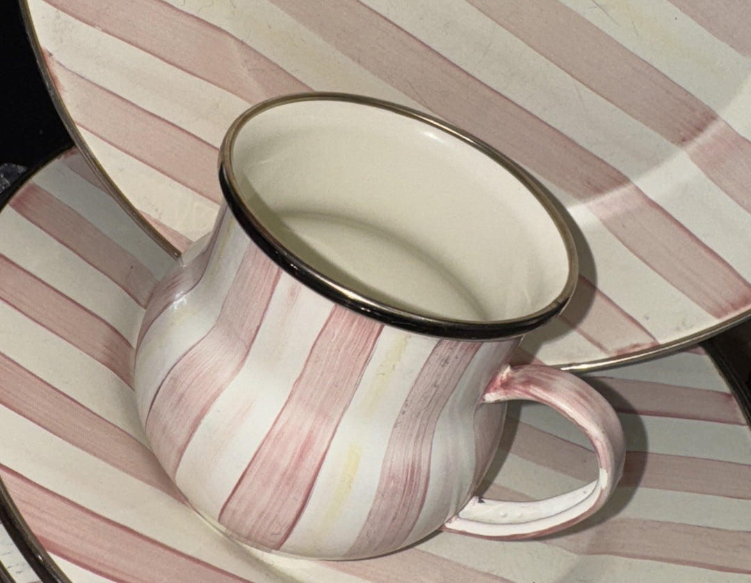 Mackenzie Childs Bathing Hut (Retired) Pink Striped  One Mug- Enamel