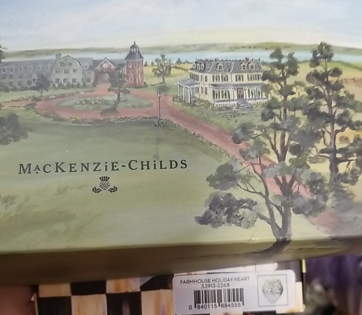 Mackenzie Childs Farmhouse Holiday Heart Glass Ornament NIB