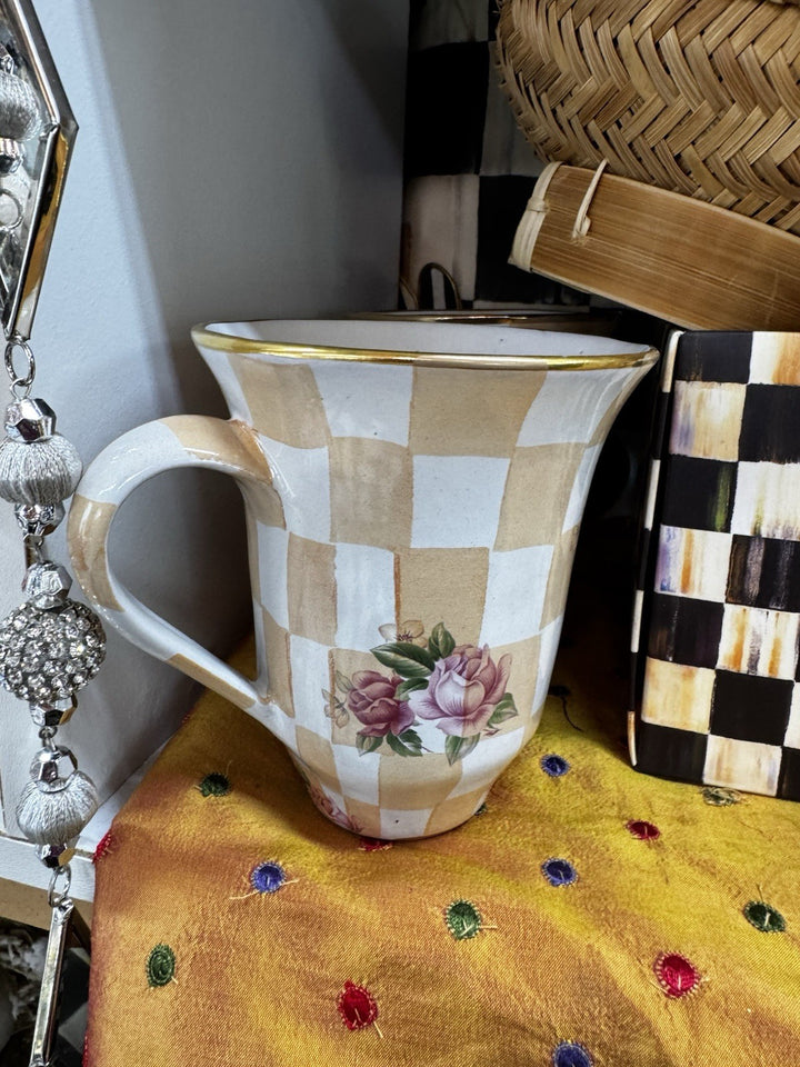 MacKenzie Childs Honeymoon Orange Marmalade MUG (Orange Check/Pink Roses)