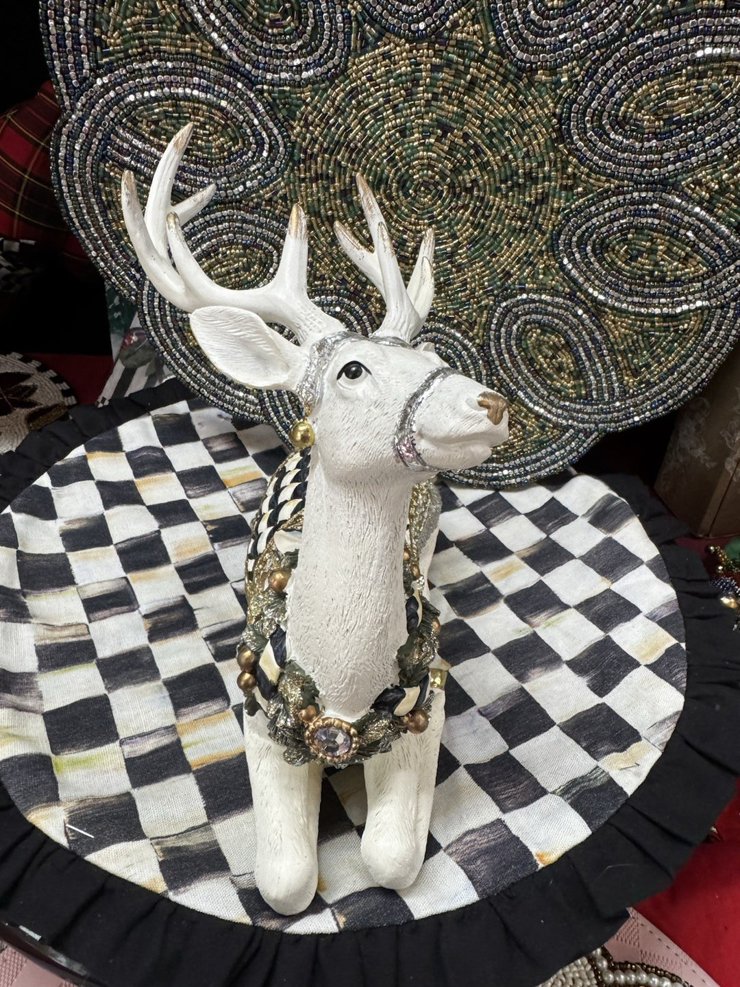 Mackenzie Childs Winter White Bow Tie Resting Deer Courtly Check