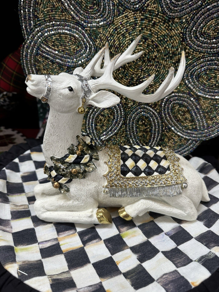 Mackenzie Childs Winter White Bow Tie Resting Deer Courtly Check
