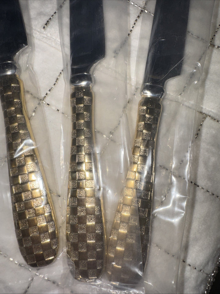 4 Pcs Mackenzie Childs Gold Plated Check Dessert Knife Set New In Box