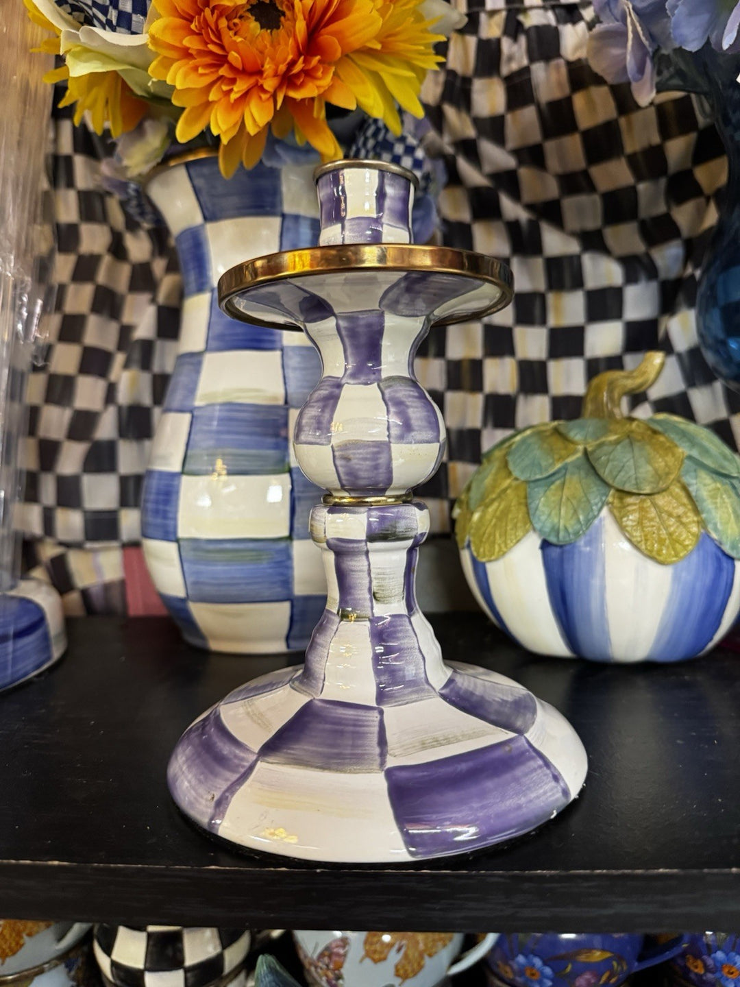 Mackenzie Childs Violet Plum Purple Check Enamel Candlestick 8”