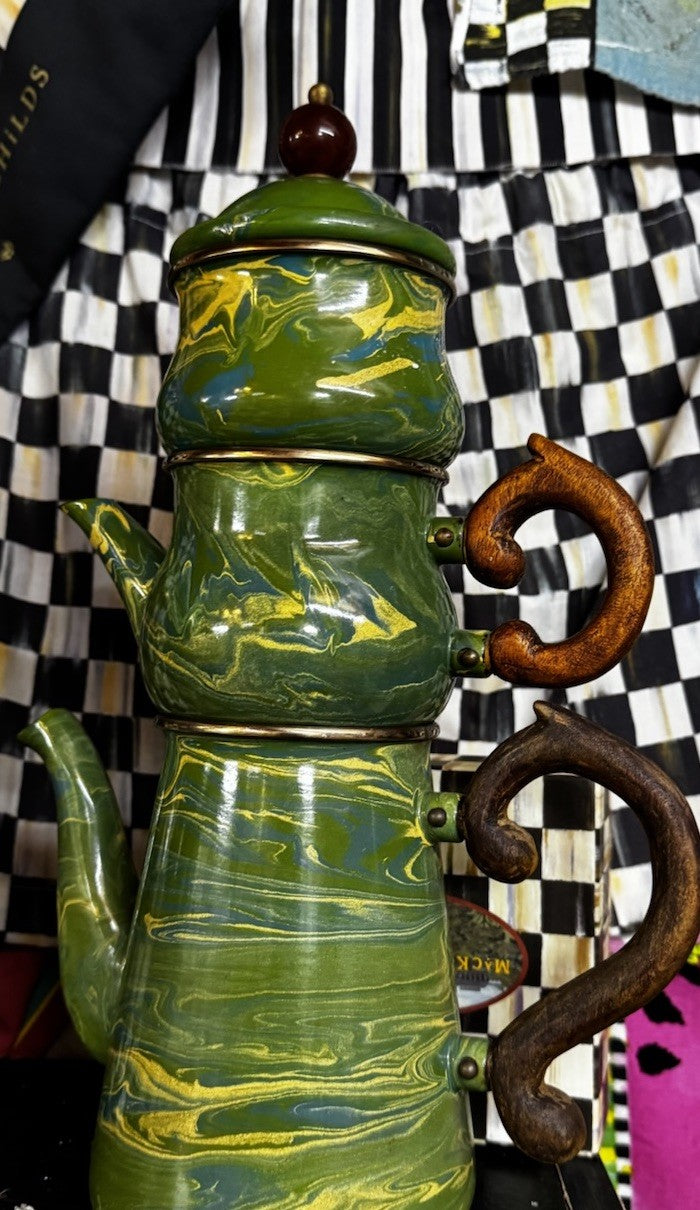 MacKenzie Childs Stacking Camp Green Swirl Enamel Tea Cream & Sugar High tea Set