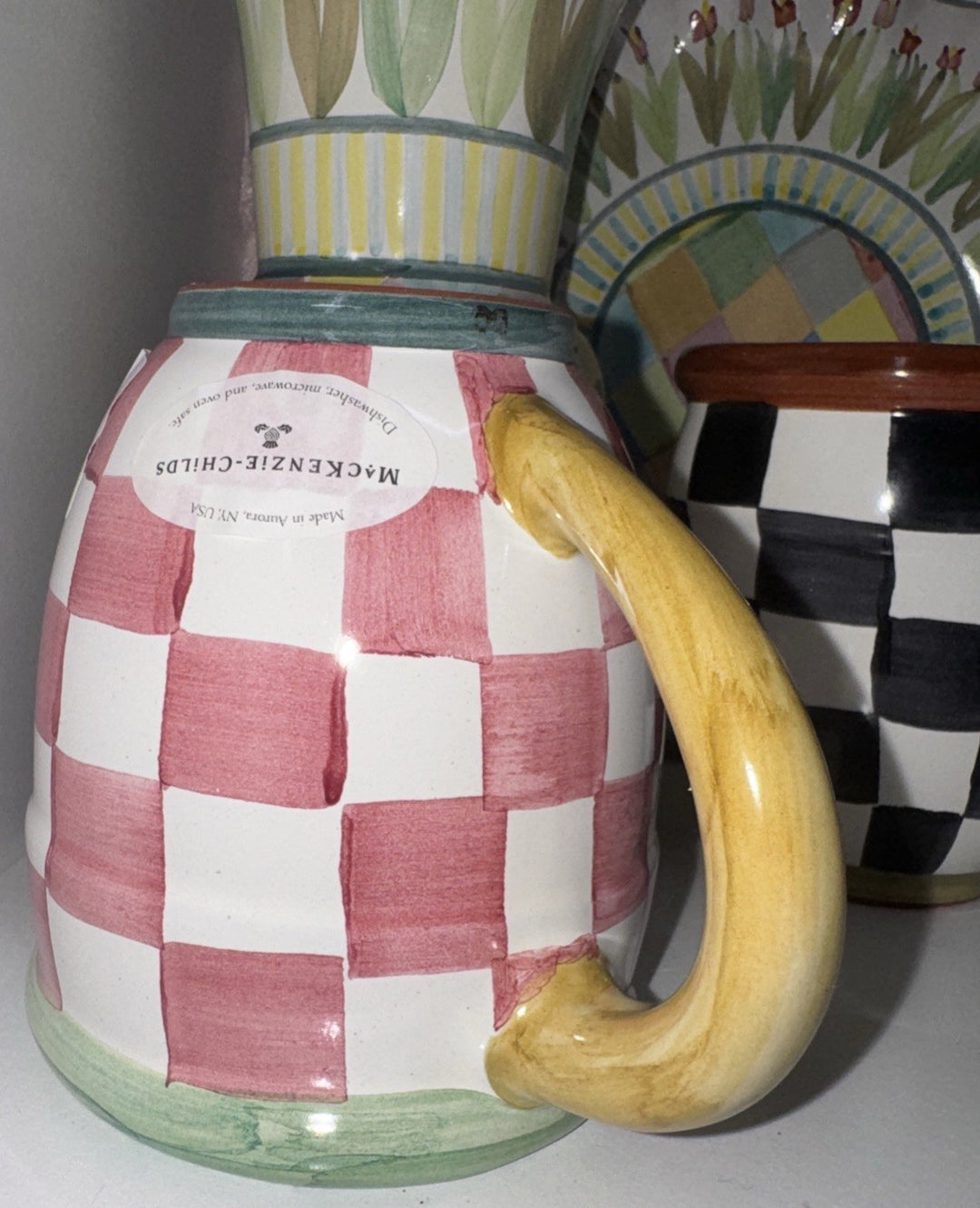 Mackenzie Childs Check Mate  Mug Pink Rosy Check Hand Painted Majolica NWT