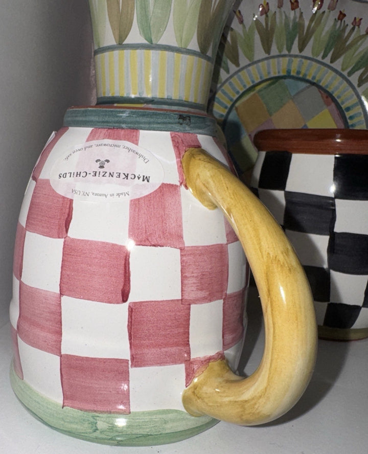 Mackenzie Childs Check Mate  Mug Pink Rosy Check Hand Painted Majolica NWT
