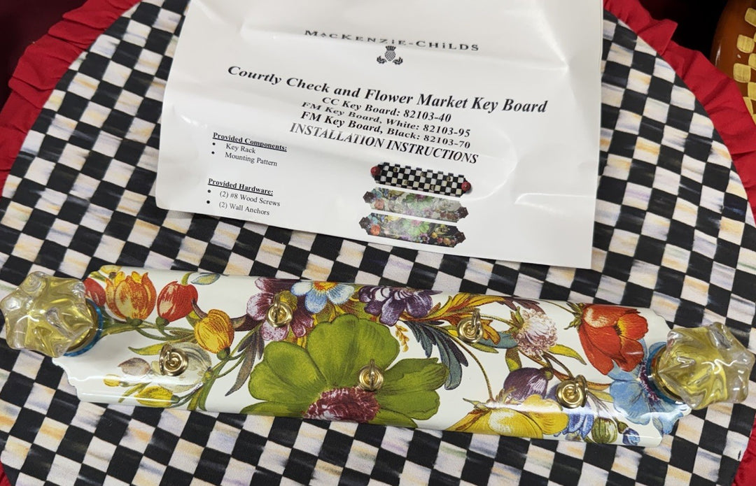 Mackenzie Childs Enamel Metal White Flower Market Key Park Holder Retired Nib