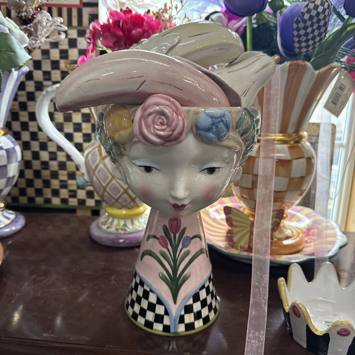 Mackenzie Childs Flower Lady Head Vase Courtly Check Floral Ceramic Planter