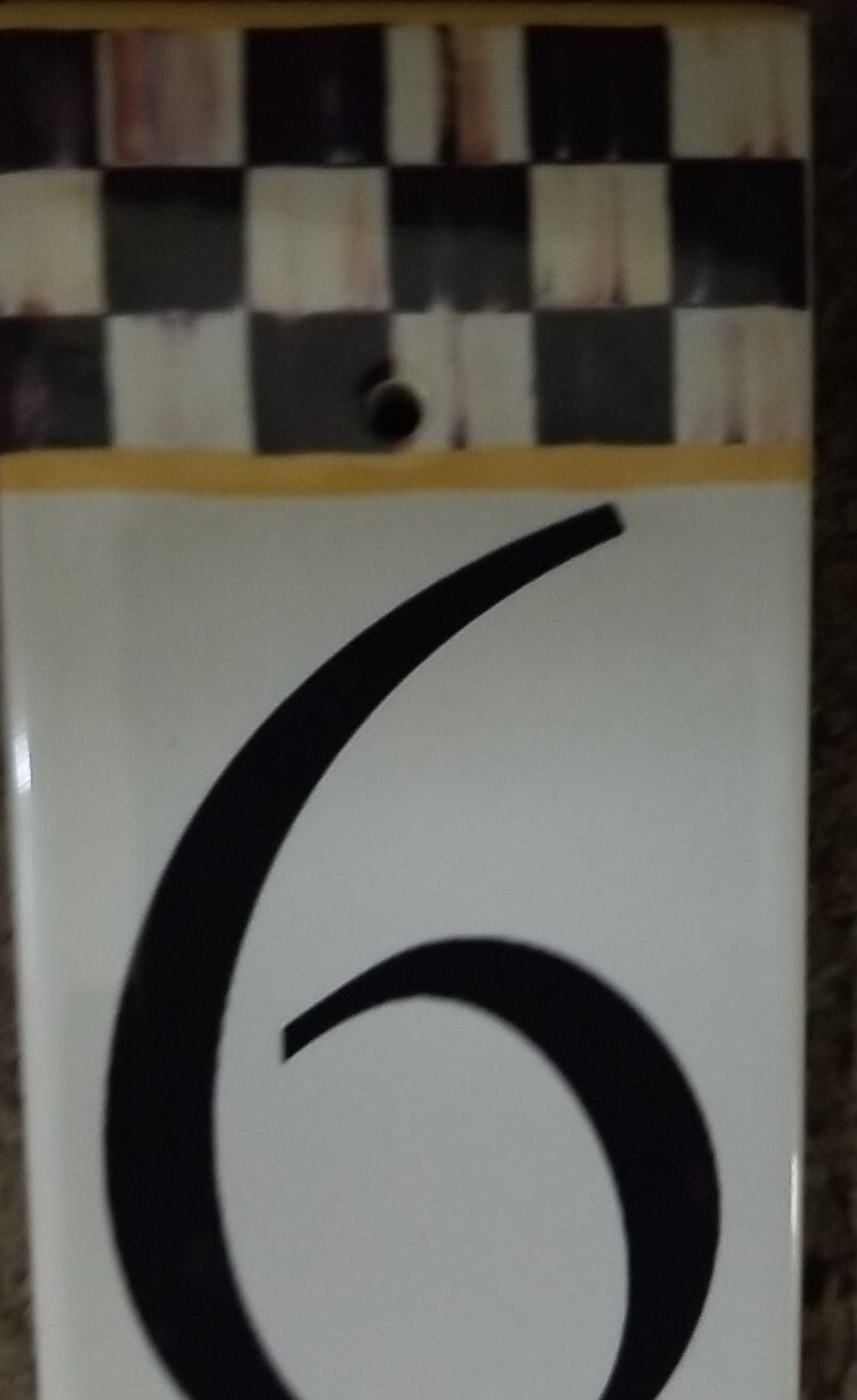 MACKENZIE CHILDS  HOUSE NUMBER 6 Or 9 COURTLY CHECK TILE NEW 7" X 3"