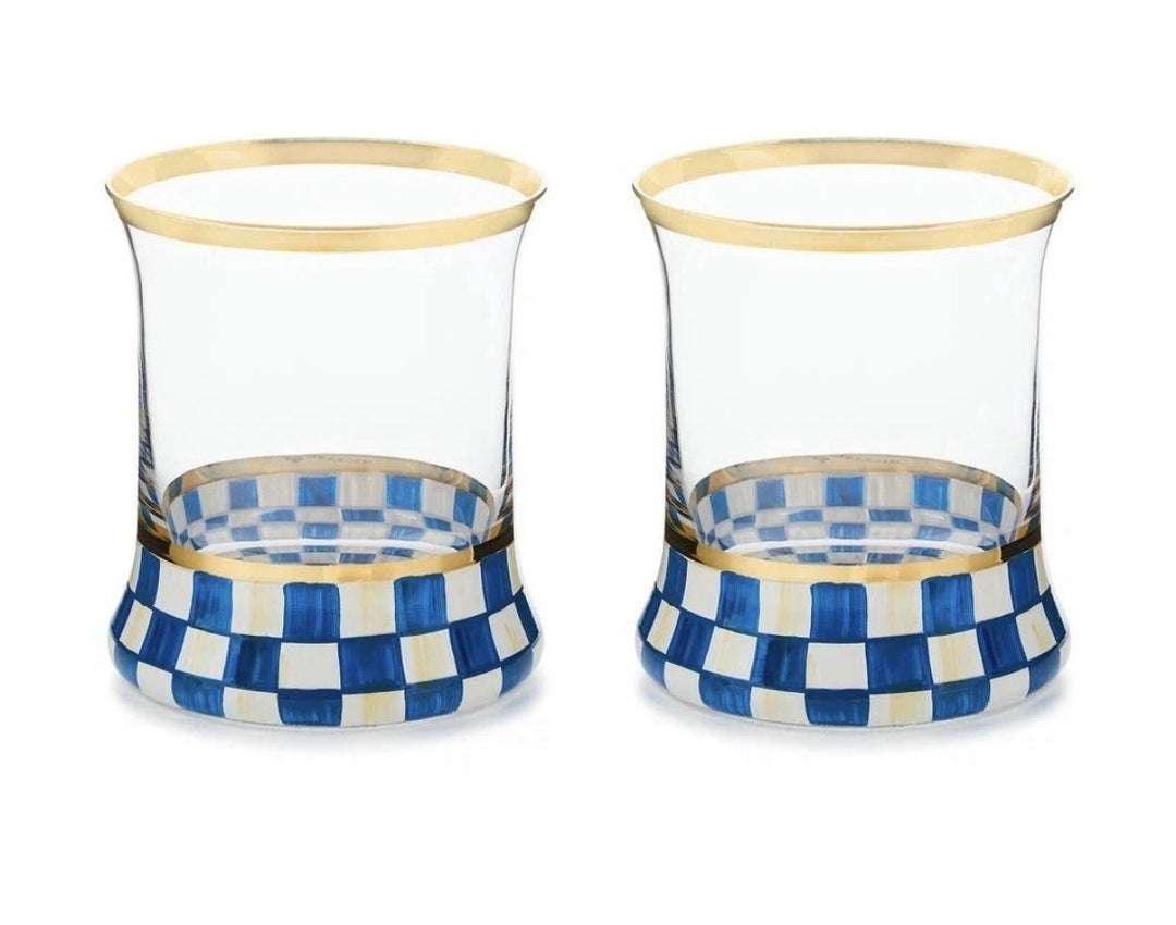 Mackenzie Childs Royal blue Check tumbler glasses set of 2-3.75” Tall Nib