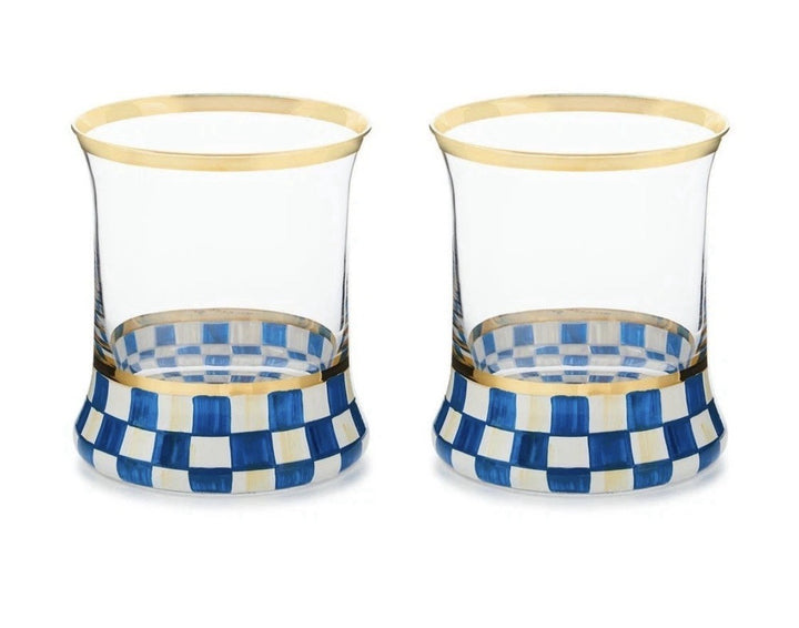 Mackenzie Childs Royal blue Check tumbler glasses set of 2-3.75” Tall Nib