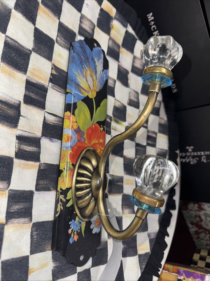 MacKenzie Childs Black Flower Market Enamel Double Wall Hook Blue Rings- Retired