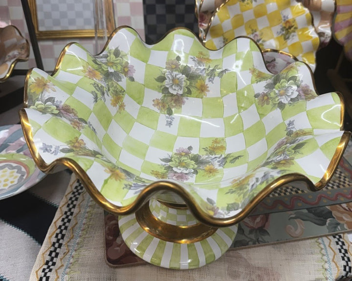 Mackenzie Childs Green Sweet Pea Honeymoon Ceramic Compote Retired 2003