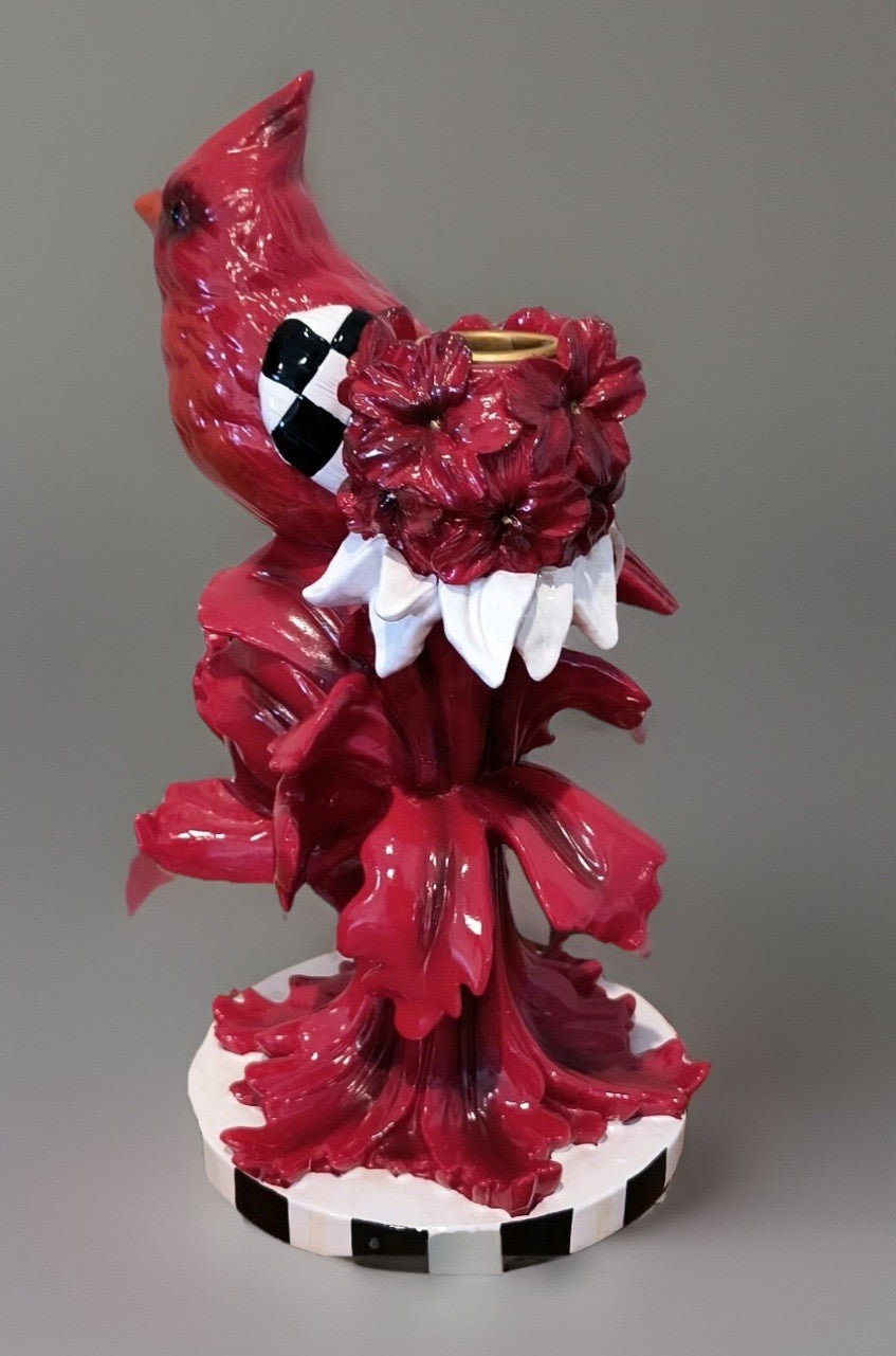 MacKenzie Childs Courtly Check Cardinal Candle Holder - 9.5” Tall New
