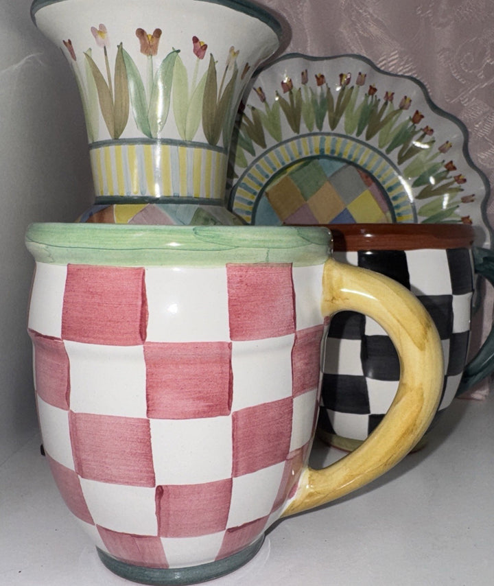 Mackenzie Childs Check Mate  Mug Pink Rosy Check Hand Painted Majolica NWT