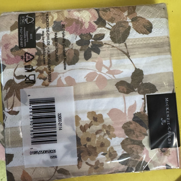 Mackenzie Childs Pack Wild Rose Paper Cocktail Napkins 20 pack, NEW