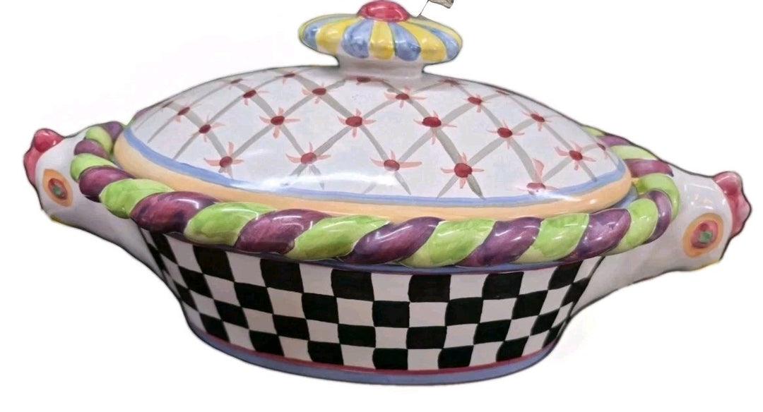 MacKenzie Childs Ceramic Lidded Piccadilly Chicken Casserole Dish- Handmade