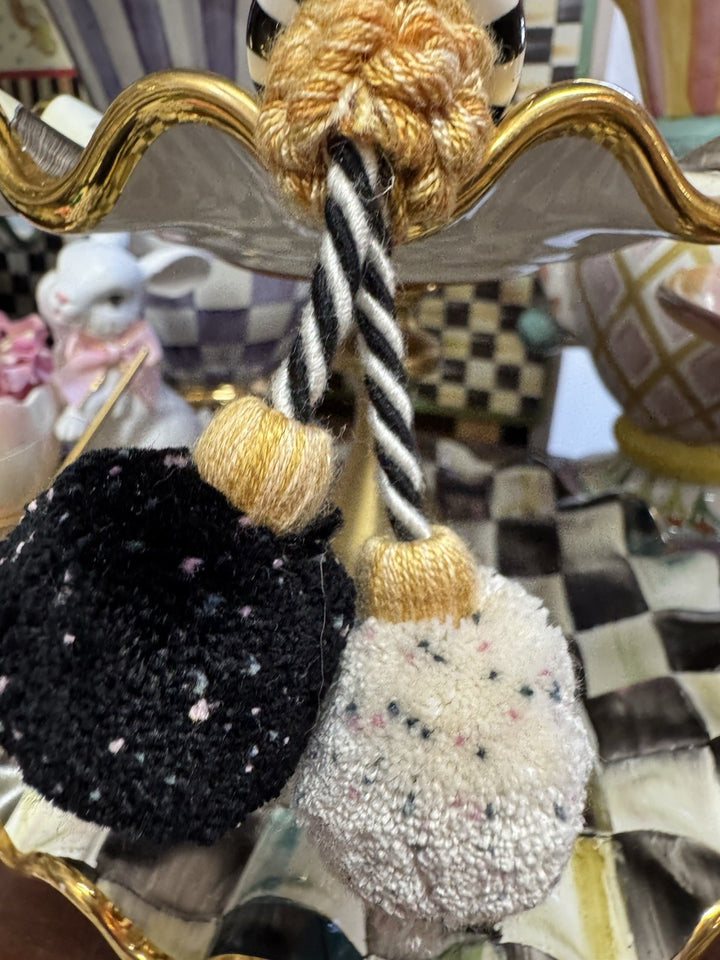 MacKenzie Childs Tassel  Tieback  Black White Gold Pom Pom Courtly Black Tie