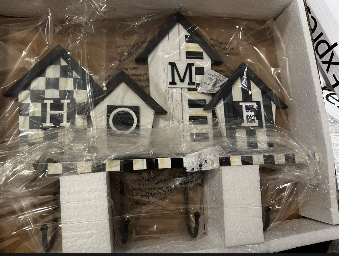 Mackenzie Childs Home  Sign with black metal hooks Sweaters- Courtly Check Nib