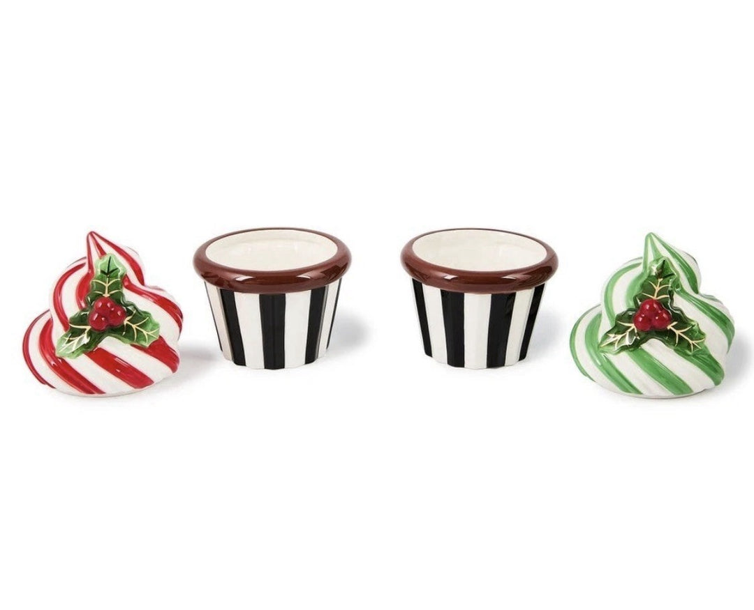 Brand New Mackenzie Childs Check It Out Ceramic Cupcake Boxes, Set of 2