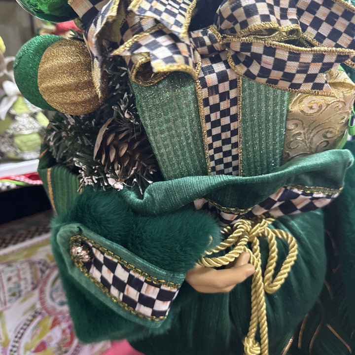 Mackenzie Childs Emerald Luxe  Large Santa With Bag Of Toys 37” Tall Nib Courtly