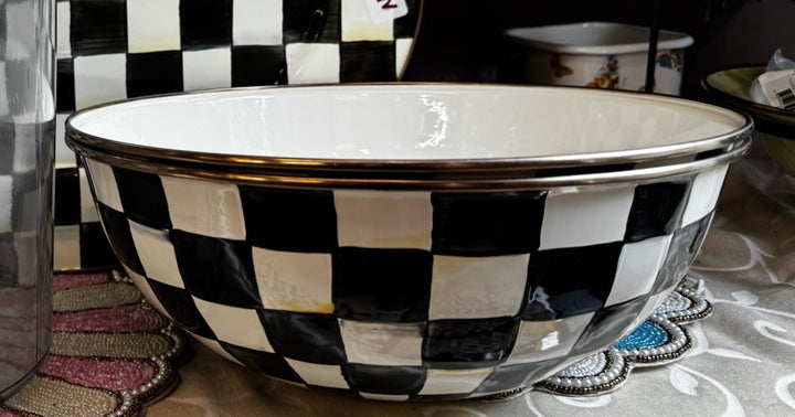 Mackenzie Childs Courtly check Enamel 13”x5.5”x-large Everyday Bowl - New