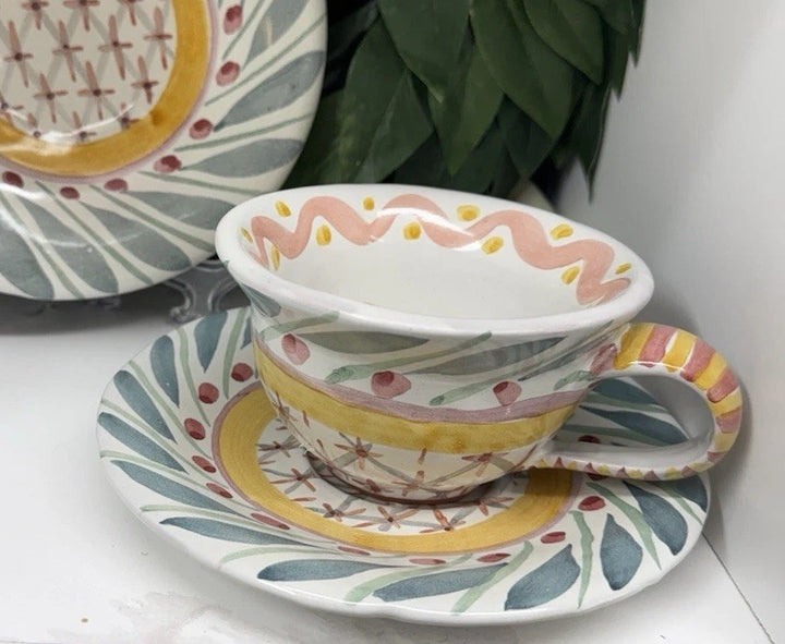 MacKenzie-Childs Brighton Pavillion Ceramic Teacup and Saucer Set 1990's Vintage