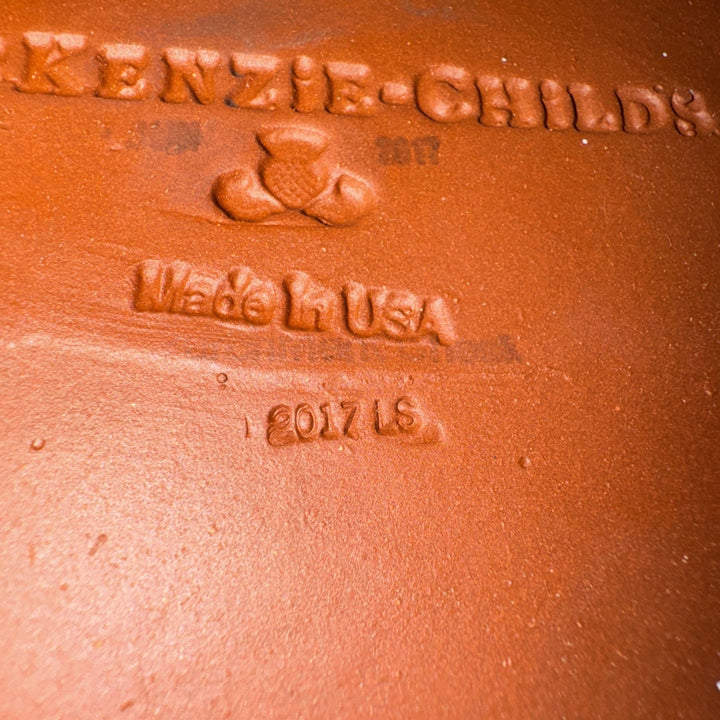 9” Mackenzie Childs   PARCHMENT CHECK CERAMIC FLUTED Gold Trim DESSERT PLATE- 1