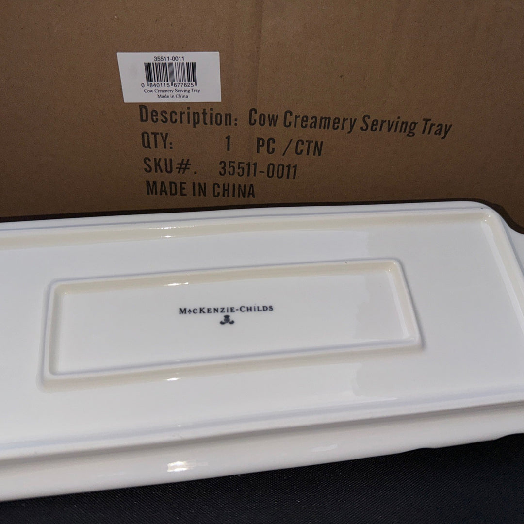 Mackenzie Childs courtly check COW CREAMERY ceramic tray 14.5"L 5.25"W NEW N BOX