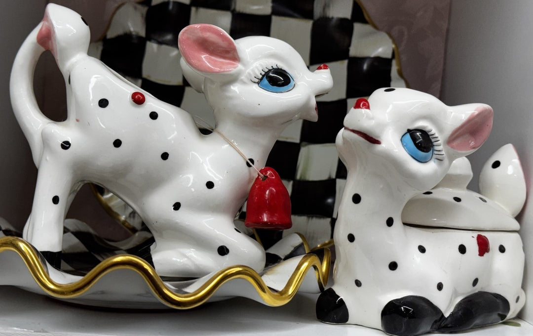 Rare VINTAGE Anthropomorphic Deer  Sugar Dish With Lid & Creamer Set- Excellent