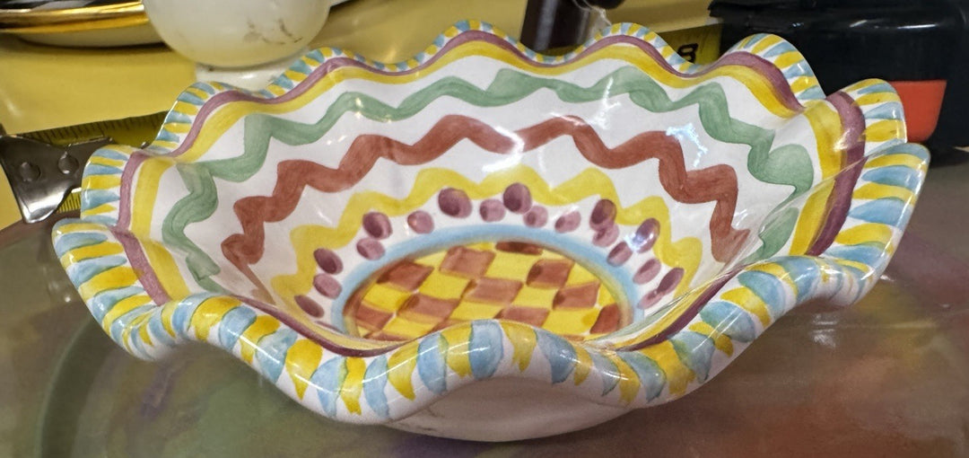 Mackenzie Childs Taylor Aurora Ceramic  Hand Painted New Fluted Berry Bowl