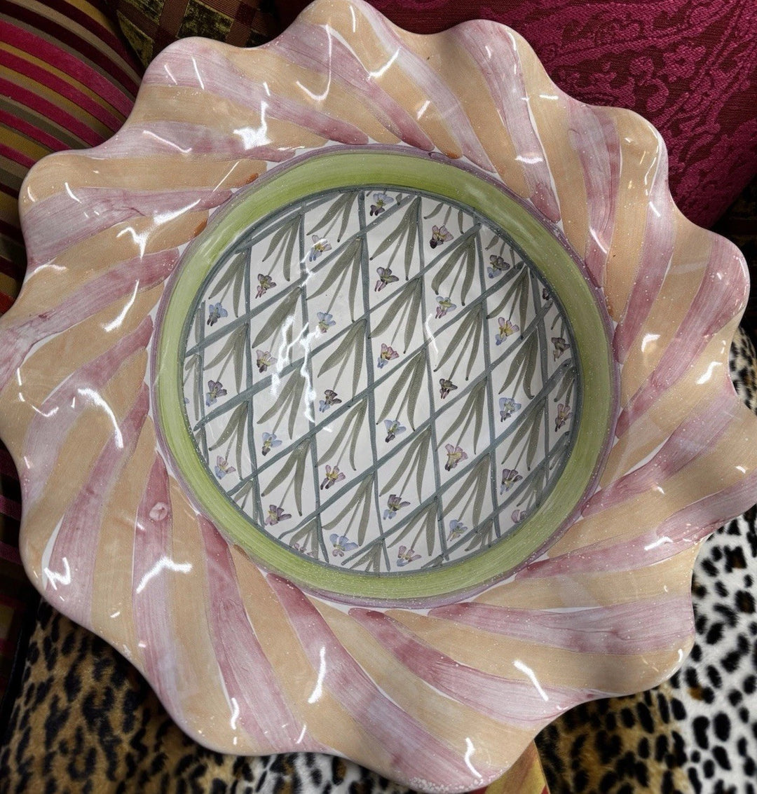 Mackenzie Childs Bearded Iris 18” Wide Bowl Round Fluted Serving Ceramic