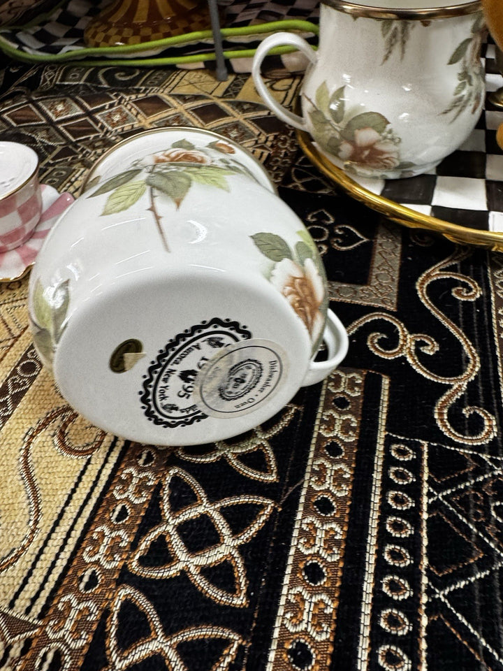 Mackenzie Childs White Floral Camp enamel Coffee cup mug Floral Set Of 2