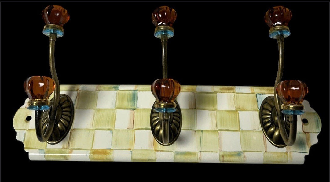 MacKenzie Childs Parchment Check Enamel Triple Wall Hook Blue Rings- Retired