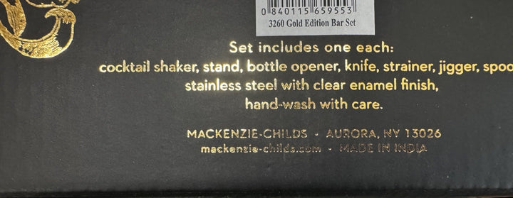 Mackenzie Childs 3260 Gold Edition Bar Tools & Shaker Set-new In Box-retired