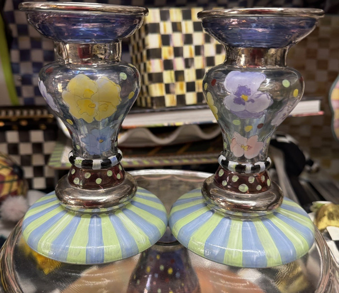 MacKenzie Childs One Circus Pansy Glass Candlestick Candle Holder- Retired