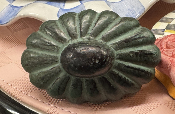 Mackenzie Childs Set of 2 Metal Green Flower Drawer Outdoor Pulls Handles Knobs