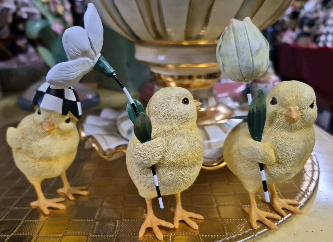Mackenzie Childs Rose Garden Chicks With Flowers Courtly Check Set of 3- Nib