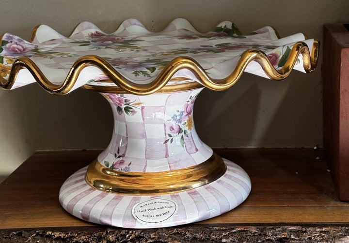 Mackenzie Childs 12” Honeymoon Pink Rose Fluted Cake Stand 2006