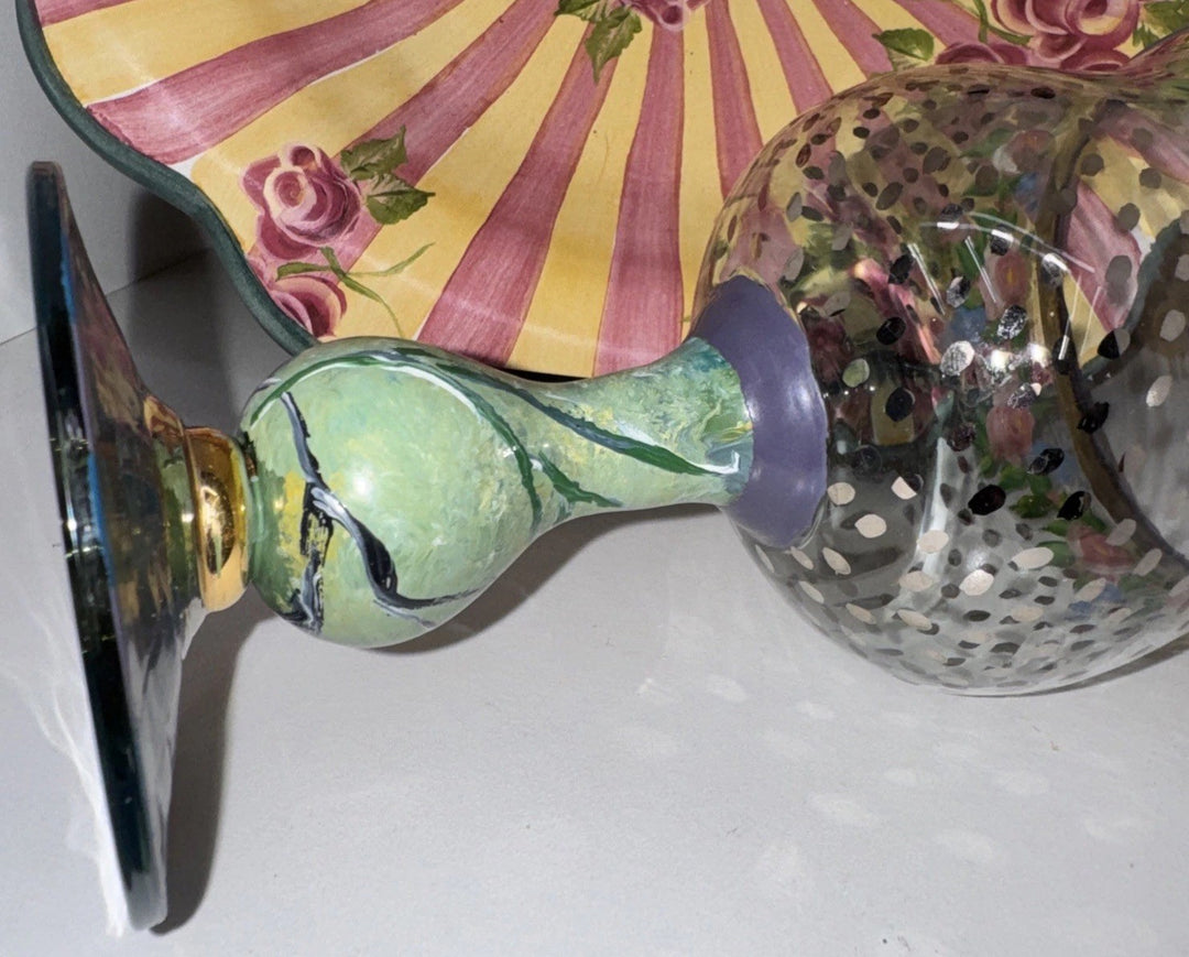 MacKenzie Childs Vintage  Circus Rose Dots Water Goblet Glass  Cheltenham Stem